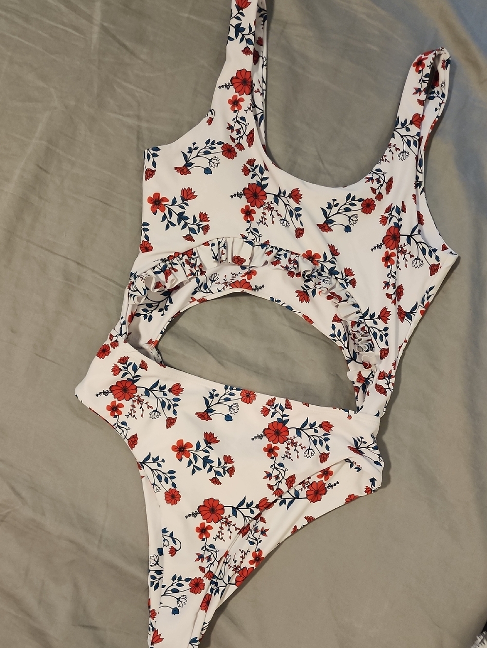 Floral Cutout One-Piece Swimsuit - White with Red & Green